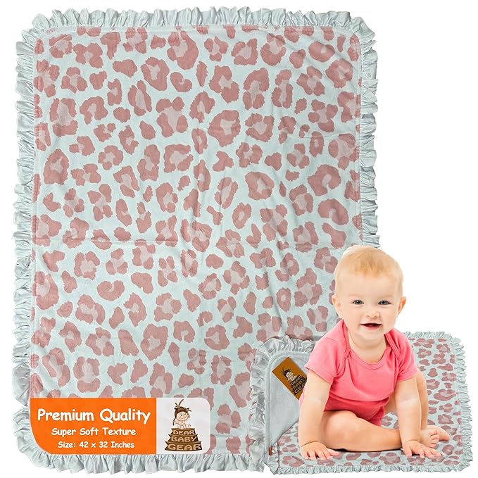 Dear Baby Gear - Soft Reversible Baby Blankets, Newborn Essentials, Baby Blanket for Boys & Girls, Toddler Blankets, Pink Cheetah with Ruffles, Exclusive DBG Print Minky Fabric, 42"x32"