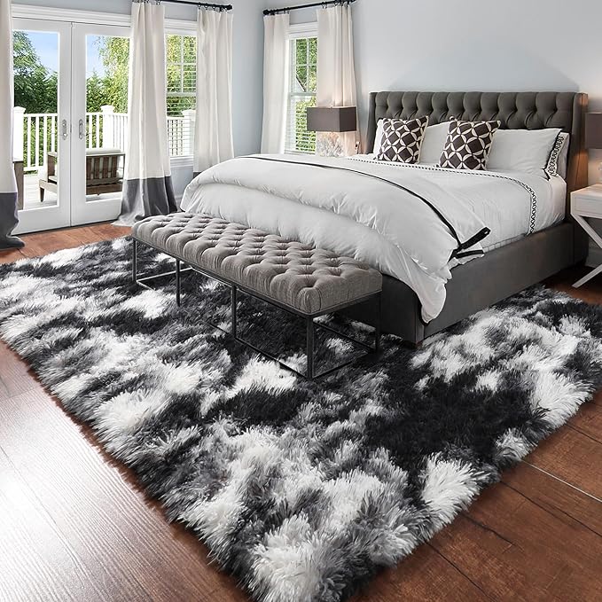 Amdrebio Black White Grey Rugs for Living Room Bedroom, 9x12 Big Fluffy Shaggy Furry Area Rug for Kids Room Apartment Home Decor, Fuzzy Shag Plush Floor Modern Cool Huge Large Carpet for Men Teen Boys