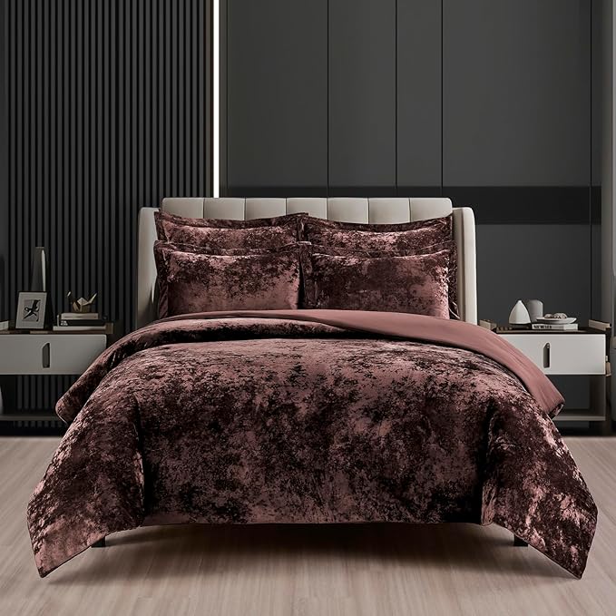 Fredsure Distressed Velvet Comforter Set, 5 Pieces Brown King, Distressed Velvet Face and Brushed Microfiber Reverse