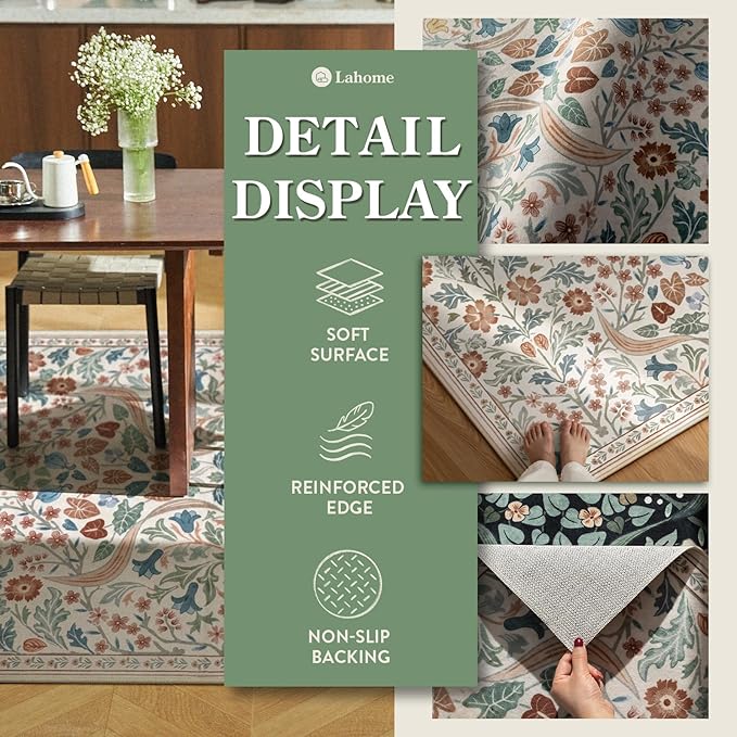 Lahome Claude Floral 5x7 Beige Bedroom Rug, Non-Slip Washable Area Rugs for Nursery, Botanical Soft Boho Carpet Floor Mats for Kids, Playroom, Living Room