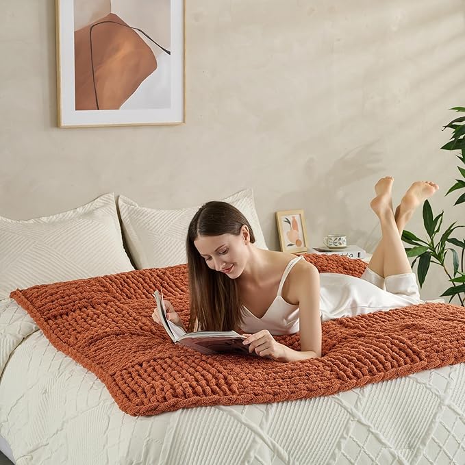 Soft Knitted Throw Blanket - 50x60 Inch Cozy & Lightweight All-Season Blanket, Wrinkle-Resistant Polyester for Couch, Bed, Sofa, Reading Nook (Orange)