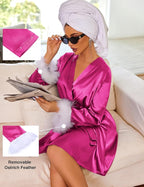 Ekouaer Women's Satin Robe Short Bridesmaid Bride Feather Bridal Robe Kimono Silky Long Sleeve Bathrobe S-XXL