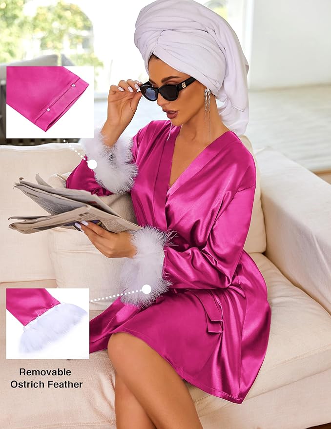 Ekouaer Women's Satin Robe Short Bridesmaid Bride Feather Bridal Robe Kimono Silky Long Sleeve Bathrobe S-XXL