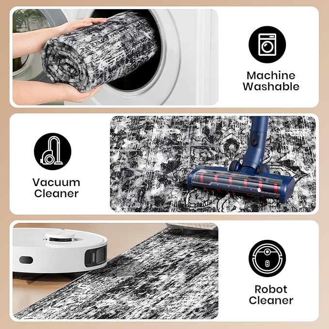 CRYPTOLITE Rugs for Living Room, 8x10 Large Area Rugs Ultra Soft Washable, Vintage Boho Faux Wool Carpet for Dining Room, Bedroom, Office, Home Decor (Black)