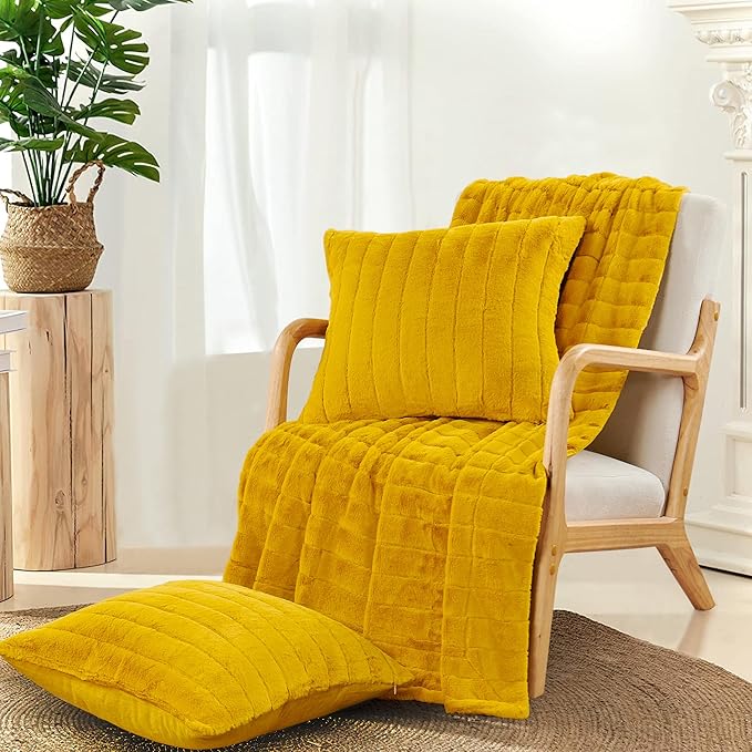 Striped Throw Blanket and Pillow Covers Set (No Inserts) for Couch and Bed, Plush Warm Lightweight Fuzzy Faux Fur Blanket for All Seasons (60" x 80", Mustard Yellow)