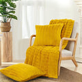 Striped Throw Blanket and Pillow Covers Set (No Inserts) for Couch and Bed, Plush Warm Lightweight Fuzzy Faux Fur Blanket for All Seasons (60" x 80", Mustard Yellow)