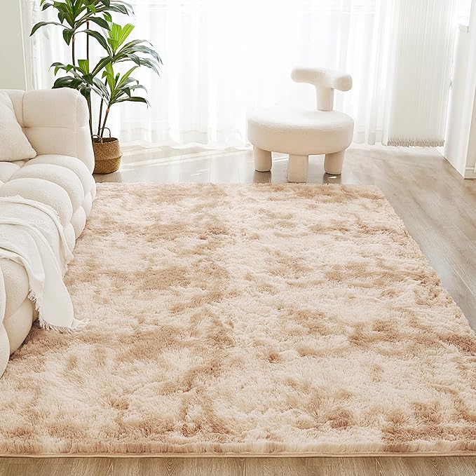 Litanika 8x10 Shag Area Rug for Living Room Bedroom, Tie-Dyed Beige High Pile Soft Plush Shaggy Furry Cream Bedside Playroom Dorm Carpet, Non-Slip, Non-Shedding Modern Indoor Floor Rug