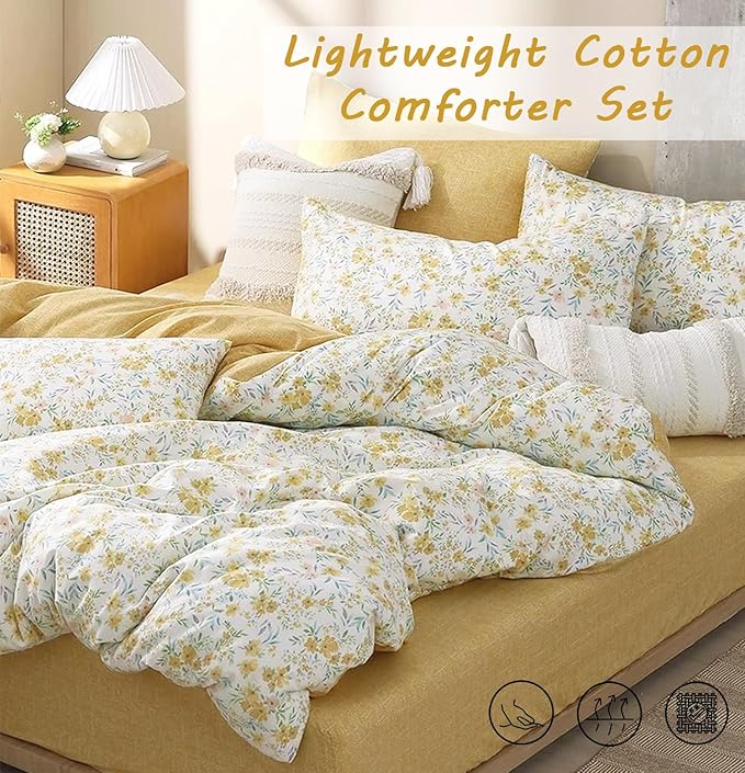 ALEISSEL Natural Cotton 3pcs Floral Comforter Sets Queen Size-Yellow Comforter with Pink & Yellow Flowers and Blue & Green Leaves on White, Reversible Lightweight Bedding Sets(Queen 90"×90")