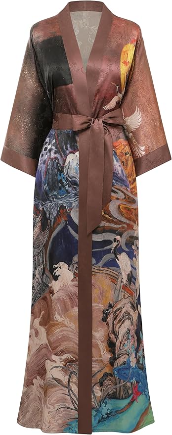PRODESIGN Kimono Robes for Women - Long Silky Sleepwear Nightgown Bathrobe Floral Dressing Gowns Blouse Bride Bridesmaid Robe