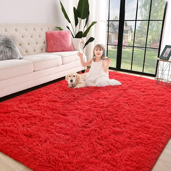 Jelymark Super Soft Shaggy Rug for Bedroom, 5x8 Feet Fluffy Carpet for Living Room, Fuzzy Indoor Plush Area Rug for Home Decor, Furry Floor Rugs for Dorm, Kids Nursery Rug for Girls, Red