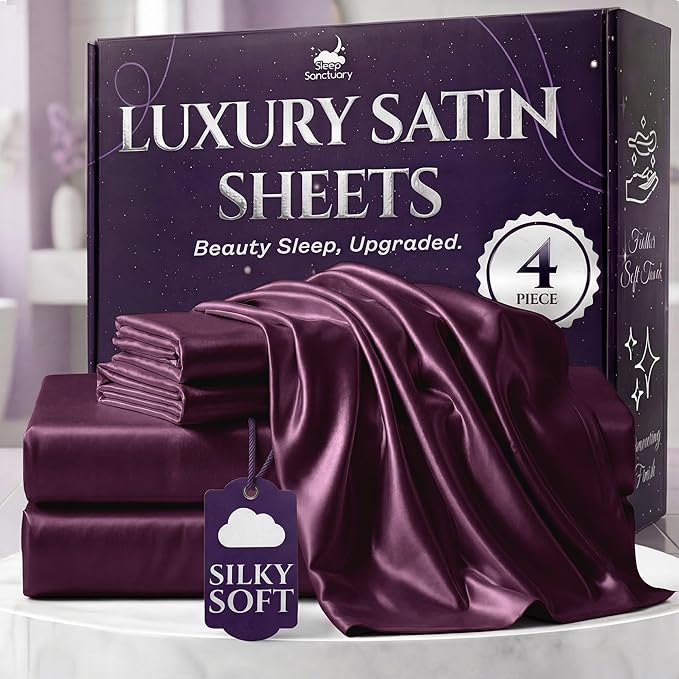 SLEEP SANCTUARY Satin Sheets Full Size – 4 Piece Luxury Silky Bed Set, Softer Than Silk, 15" Deep Pocket, Cooling & Wrinkle-Free, Moisture-Wicking & Breathable for Hair & Skin (Rosewood)