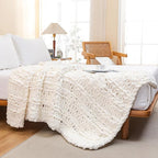 WESHIONGOO Chunky Knit Blanket Throw 40"×60" Knitted Throw Blankets for Couch Bed Fluffy Soft Blanket with Jumbo Chenille Yarn Thick 100% Handmade (Cream White, Medium Size Throw)