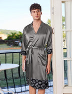 Ekouaer Mens Satin Robe Lightweight Silky Kimono Bathrobe 3/4 Sleeve Spa Knee Length Loungewear with Pockets S-3XL
