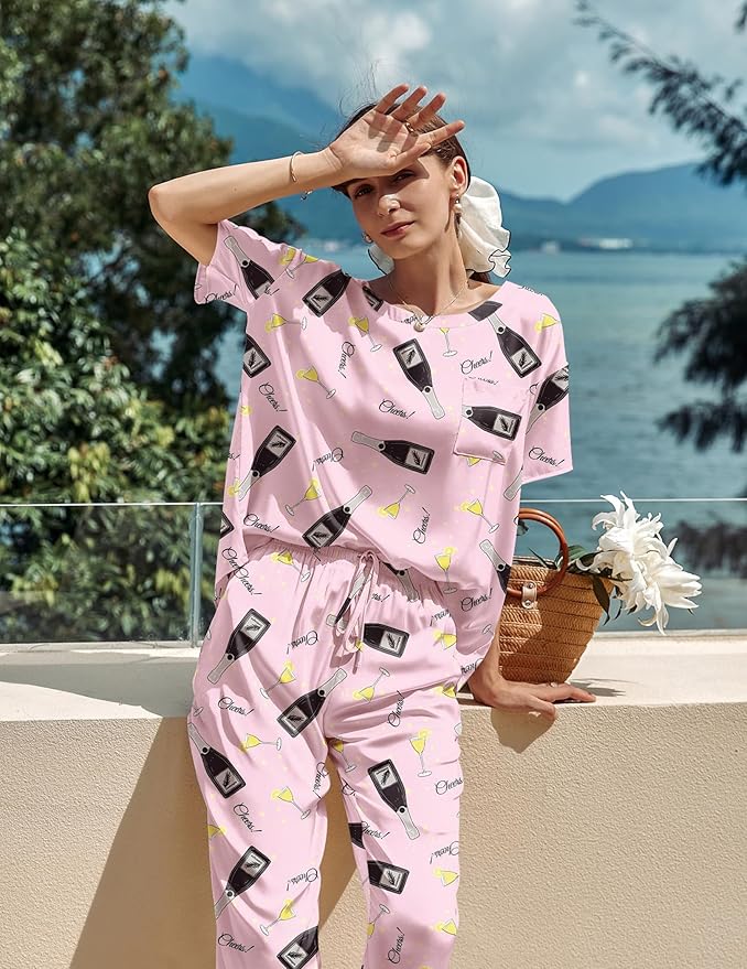 Ekouaer Womens Satin Silky Pajama Set Short Sleeve Shirt with Long Pajama Pant Set Soft PJ Loungewear