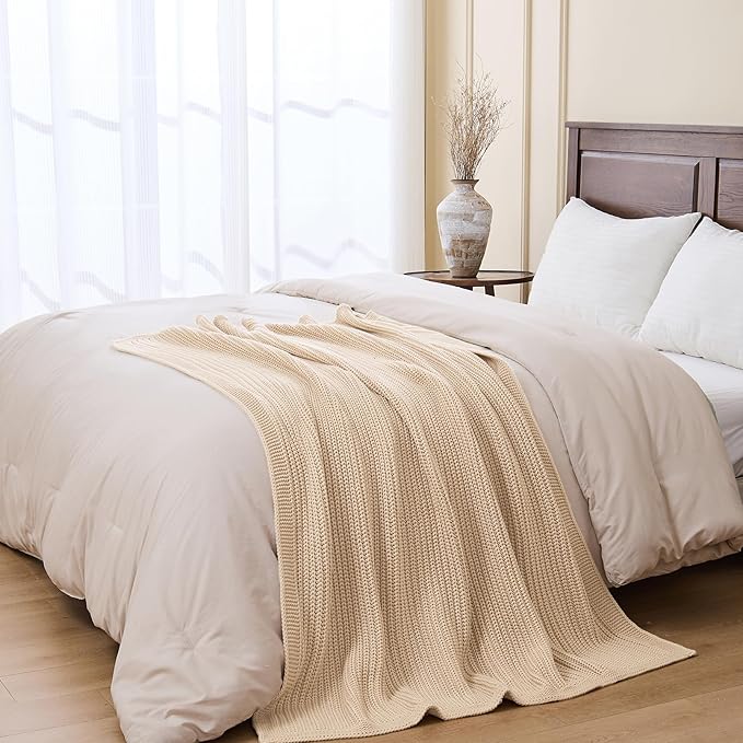 Beige Throw Blanket for Couch Chunky Knit Soft Cozy Thick Cable Knitted Throw for Sofa Bed Cute Decorative Blanket for Living Room,50"x 60",Ginger Beige