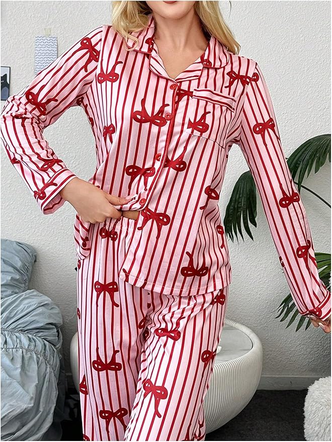 WDIRARA Women's 2 Piece Bowknot Print Satin Pajama Set Long Sleeve Button Down Lounge Pants Sleepwear Sets
