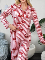 WDIRARA Women's 2 Piece Bowknot Print Satin Pajama Set Long Sleeve Button Down Lounge Pants Sleepwear Sets