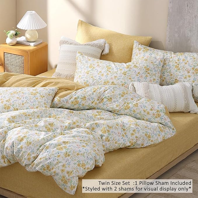 ALEISSEL Natural Cotton 2pcs Floral Comforter Sets Twin Size-Yellow Comforter with Pink & Yellow Flowers and Blue & Green Leaves on White, Reversible Lightweight Bedding Sets(Twin 68"×90")