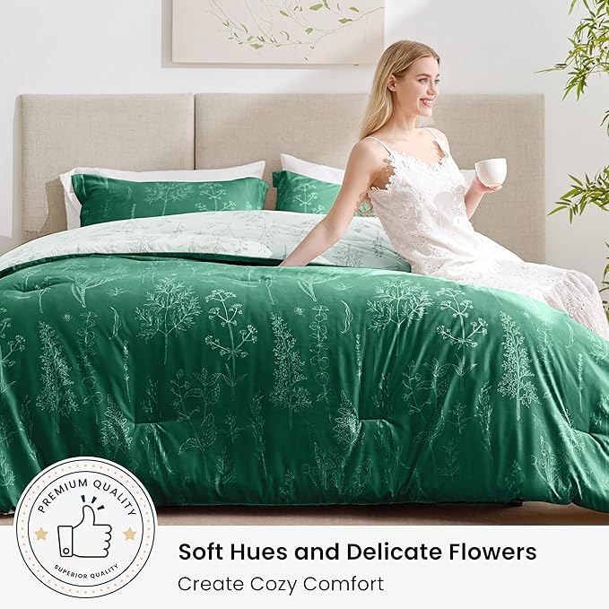 Love's cabin Emerald Twin Comforter Set - Twin XL Size Comforter Set Dorm Bedding, 2 Pieces Cute Floral Bedding, Soft Reversible Flowers Comforter, 1 Comforter & 1 Pillow Sham