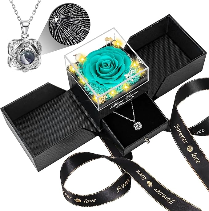 Preserved Blue Real Rose with Heart I Love You Necklace -Eternal Flowers Rose Birthday Gifts for Women Mom Her Wife Girlfriend Grandma on Valentines Mothers Day Christmas Anniversary Romantic-Blue