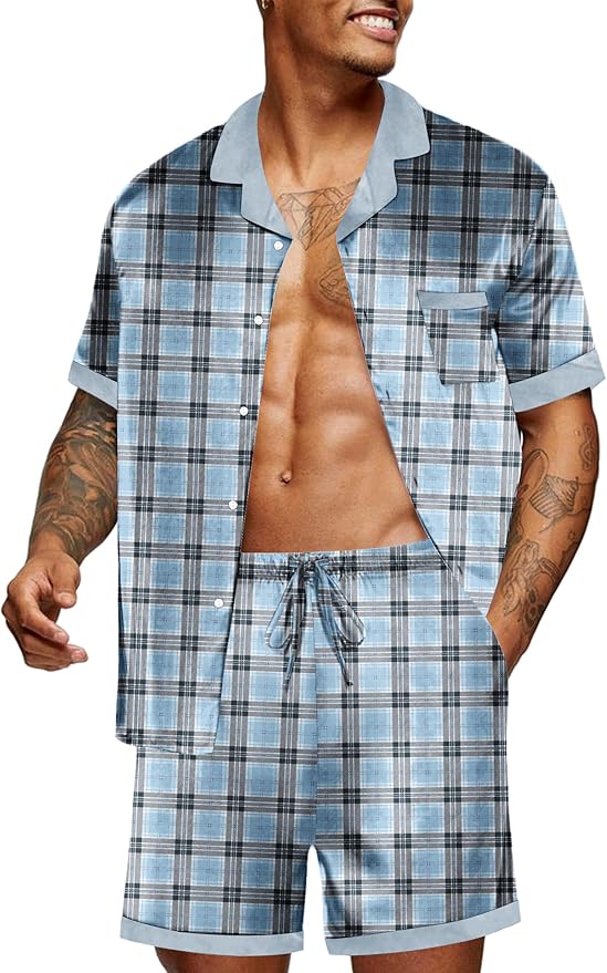 Ekouaer Men Satin Silk Pajamas Set with Pockets Sleepwear Shorts Satin Summer Loungewear 2 Piece Button Down Set S-3XL
