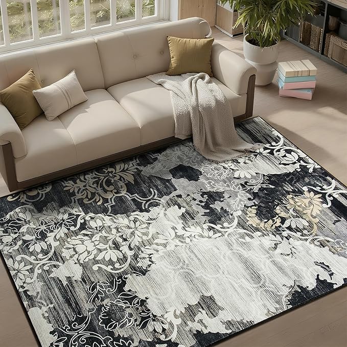 CRYPTOLITE Area Rugs 8x10 Rug for Living Room Abstract Washable Rug with Non-Slip Backing Low Pile Area Rug for Bedroom, Dining Room, Black
