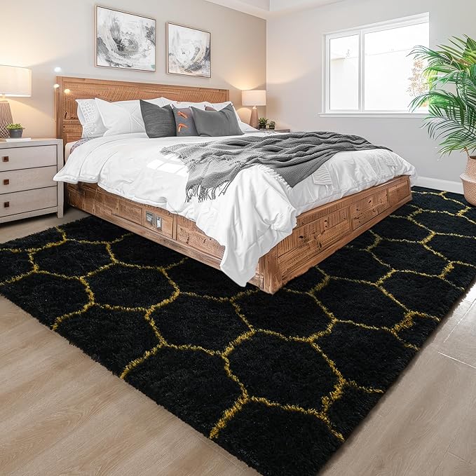 Fluffy 5x8 Area Rugs for Bedroom Living Room,Thick Shag Throw Floor Carpet,Soft Shaggy Bedside Non-Slip Rug Black Gold