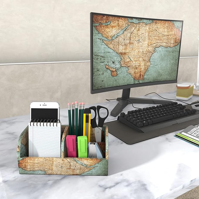 QIELIZI PU Leather Supply Organizer,Remote Control Holder Multifunctional Office Stationery Storage Box Organizer,Pencil Holders Organizers Table Top Desktop Desk Accessories(1-Vintage Map)