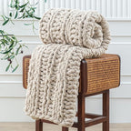 WESHIONGOO Chunky Knit Blanket Throw 40"×60" Knitted Throw Blankets for Couch Bed Fluffy Soft Blanket with Jumbo Chenille Yarn Thick 100% Handmade (Linen, Medium Size Throw)