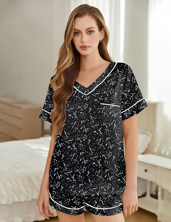 Silk Pajamas for Women Short Sleeve Satin 2 Piece Pj Set Soft V Neck Sleepwear Loungewear, S-XXL