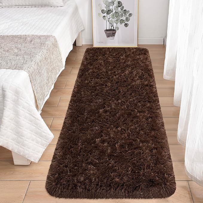 Runner Rug for Bedroom 2x6 Brown Fluffy Shaggy Rug Soft Plush Fuzzy Area Rug Bedside Runners for Hallway Kids Nursery Dorm Playroom Living Room with Non Slip Modern Indoor Decor Carpet