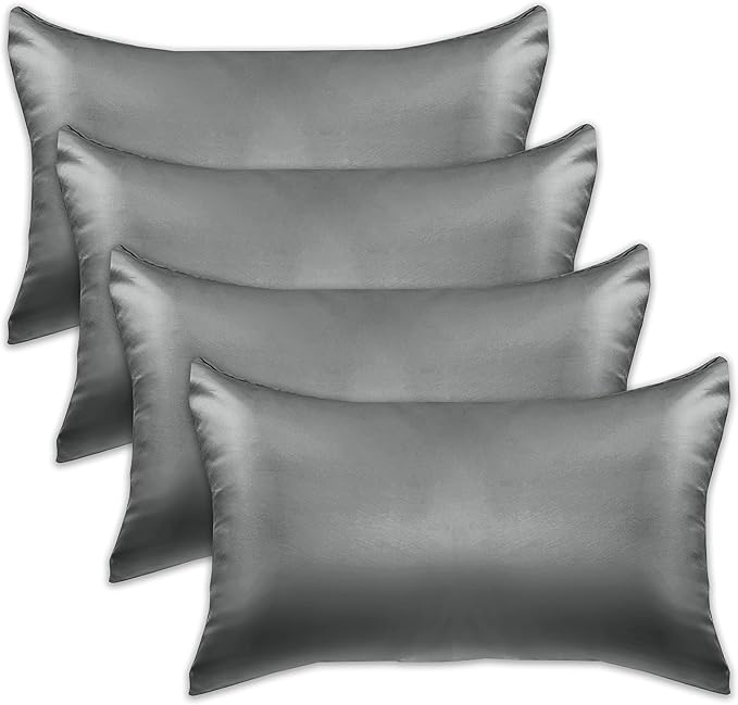 Elegant Comfort 4-Pack King Size Viscose Satin Pillowcase Set with Hidden Zipper Closure, Silky Smooth for Hair and Skin Care, Gray