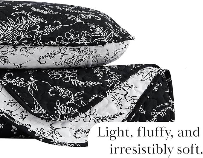 Southshore Fine Living, Inc. Black Floral Quilt King Size, All Season Bedding Set, Soft Coverlet, 3-Piece Lightweight Bedspread Set with Two Matching Quilted Pillow Shams, California/King Quilt Sets