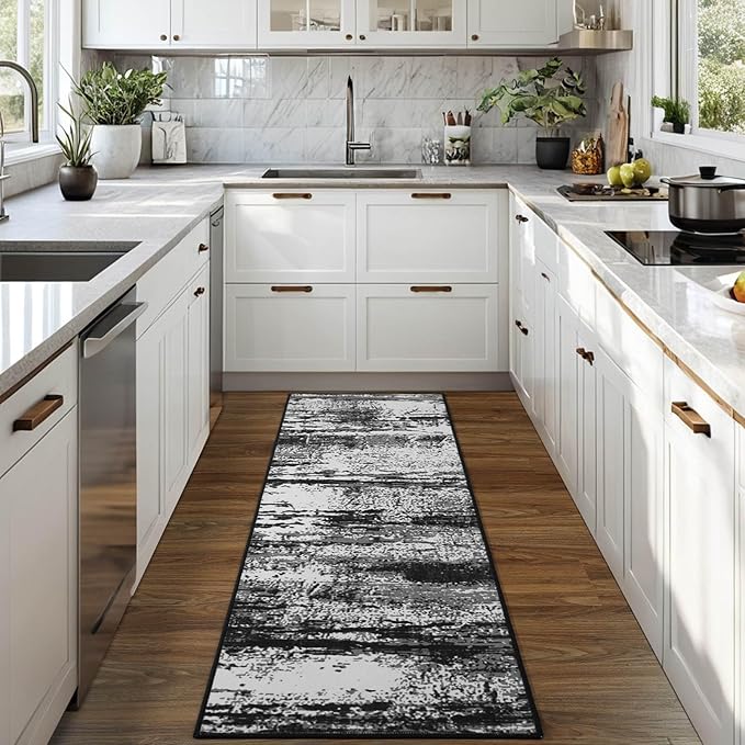 Runner Rug 2x6 Washable Rug Runners for Hallways Kitchen Non-Slip Rugs Abstract Print Soft Faux Wool Carpet Runner for Entryway Indoor, Bedroom Bedside, Laundry, Dorm, Home Decor (Black and Grey)