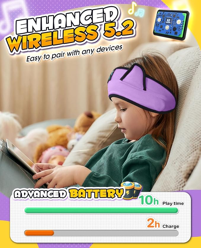 Kids Headphones Headband Wireless, Kids Bluetooth Headband, Baby Headphones with Thin Speakers & Wired Playback 3.5 MM Jack, Perfect Toddlers & Children's Earphones for Home, School & Travel