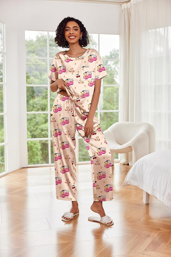 Ekouaer Womens Satin Silky Pajama Set Short Sleeve Shirt with Long Pajama Pant Set Soft PJ Loungewear