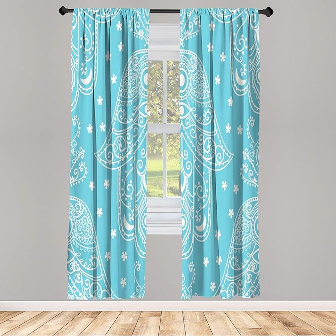 Lunarable Hamsa Window Curtains, Egyptian Boho Hand Shape Pattern Eye Design Bridal Night Inspired Art, Lightweight Decorative 2-Panel Set & Rod Pocket, Pair of - 28" x 95", Sky Blue