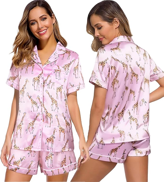 ASTANFY Silk Satin Pajama Set Womens Silk Satin 2 Piece Pjs Shorts Sleepwear Christmas Button Down Shirt Bride Pj Lounge Sets