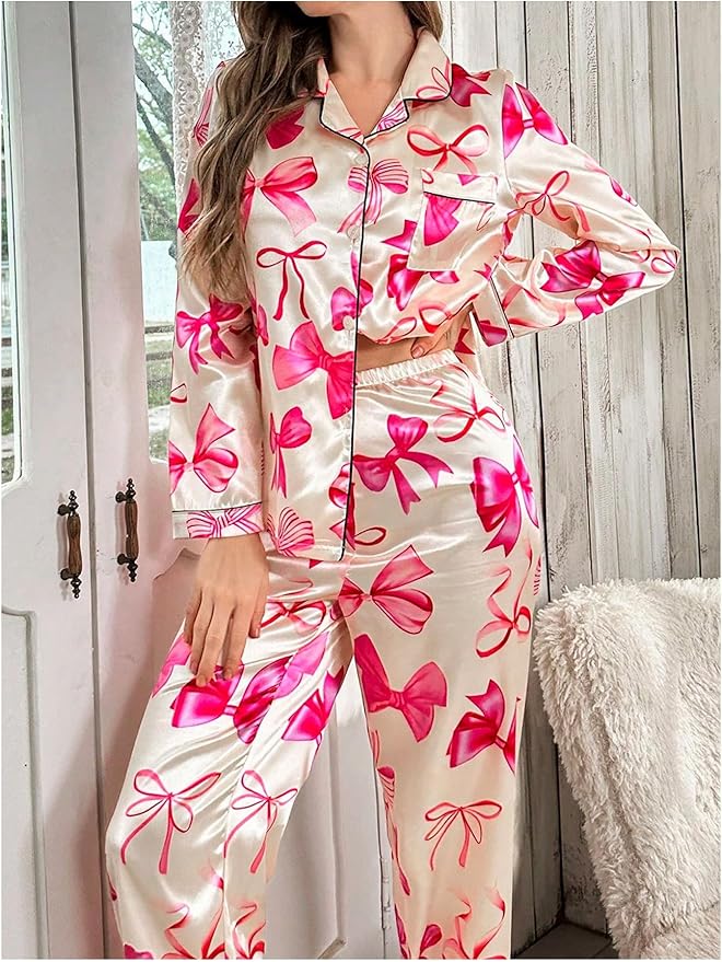 WDIRARA Women's 2 Piece Bowknot Print Satin Pajama Set Long Sleeve Button Down Lounge Pants Sleepwear Sets