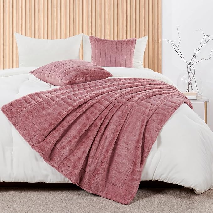 Striped Throw Blanket and Pillow Covers Set (No Inserts) for Couch and Bed, Plush Warm Lightweight Fuzzy Faux Fur Blanket for All Seasons (50" x 60", Dusty Rose)