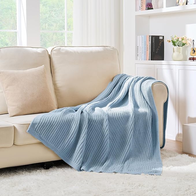 Chunky Knit Blue Throw Blanket for Couch Soft Cozy Large Thick Knitted Throw Blankets for Sofa Bed Cute Decorative Throw Blanket for Living Room,60"x 80",Light Blue