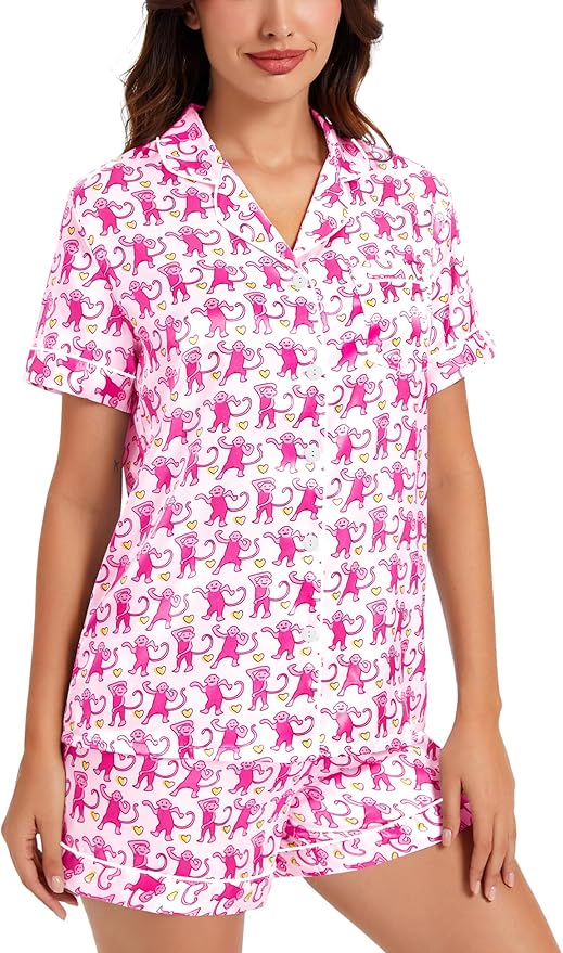 SWOMOG Womens Silk Satin Pajamas Set Short Sleeve Sleepwear Button Down Top and Shorts Loungewear 2 Piece Pjs Set XS-3XL