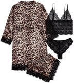 WDIRARA Women' Silk Satin Pajamas Set 4pcs Lingerie Floral Lace Cami Sleepwear with Robe