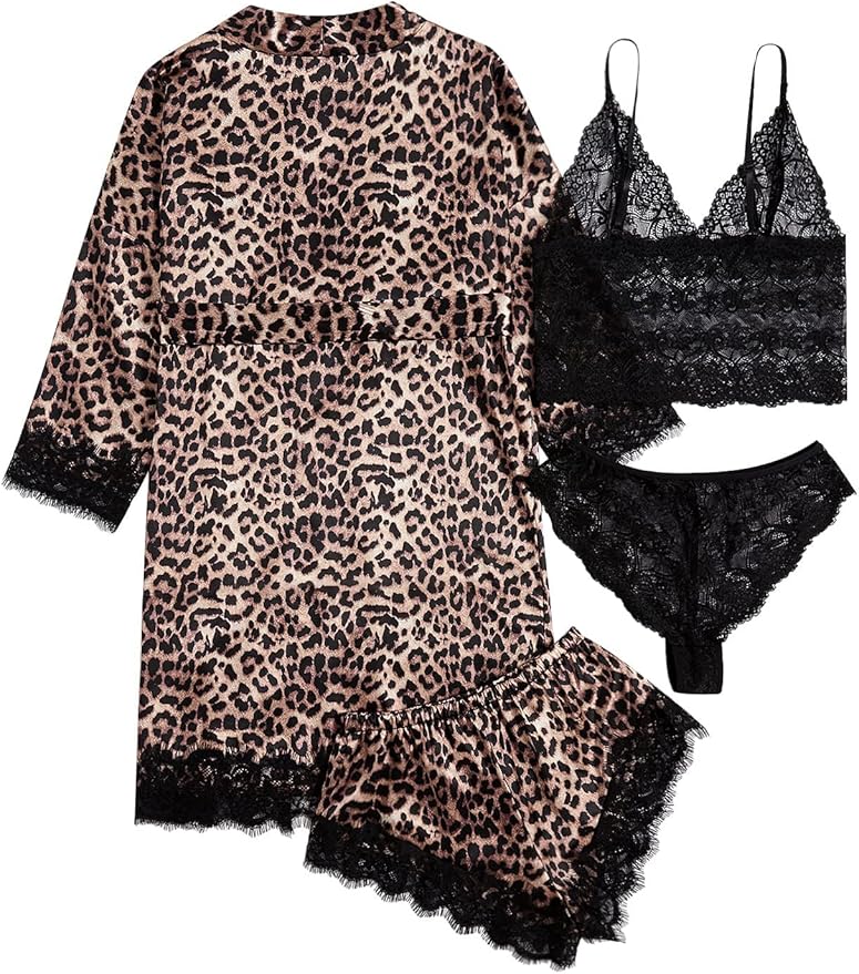 WDIRARA Women' Silk Satin Pajamas Set 4pcs Lingerie Floral Lace Cami Sleepwear with Robe
