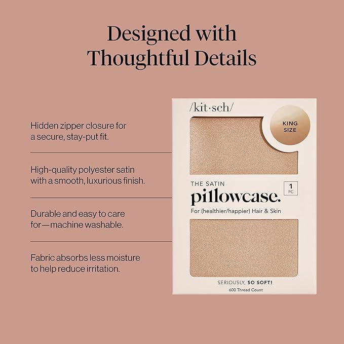 Kitsch Satin Pillowcase with Zipper for Hair & Skin - Softer Than Silk Pillow Cases, Smooth Cooling Satin Pillow Case, Wrinkle-Free, Machine Washable - King Size Satin Pillow Case 19x36 - Champagne