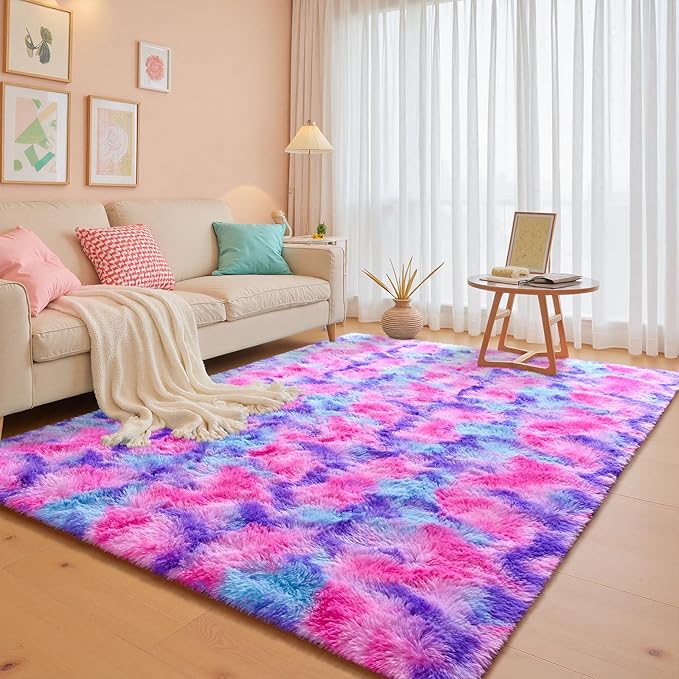 junovo 4x6 Washable Area Rug for Girls Bedroom Living Room, Tie-Dyed Hot-Pink Soft Non-Slip Fluffy Rugs, Shag Plush Memory Foam Carpet for Kids Room Baby Nursery Home Decor