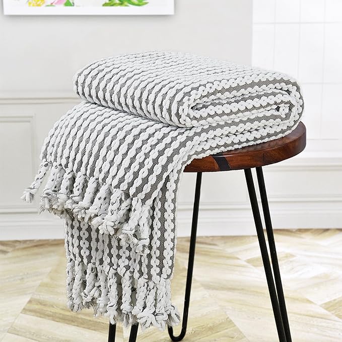 Striped Knit Throw Blanket with Braided Tassels 50" x 60", Hand Knitted Soft Chunky Chain Design Boho Farmhouse Blanket, Two Tone Tassel Decor Throw for Couch Bed Sofa Outdoor, Gray White