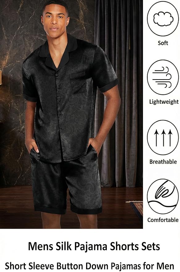 Ekouaer Men Satin Silk Pajamas Set with Pockets Sleepwear Shorts Satin Summer Loungewear 2 Piece Button Down Set S-3XL