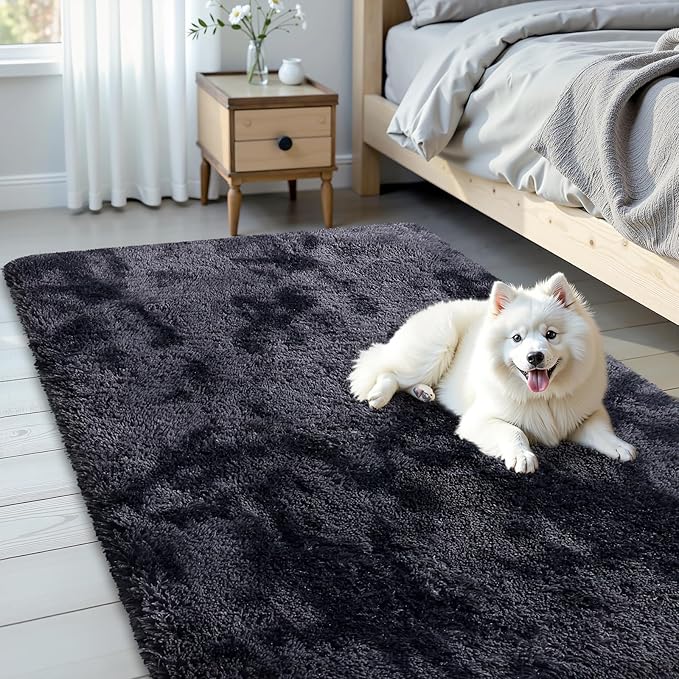 OLANLY Area Rugs for Living Room Bedroom, Machine Washable 3x5 Feet Soft Fluffy Shaggy Bedside Rug, Indoor Floor Carpet for Kids Girls and Boys, Nursery Room, Home Decor Aesthetic, Deep Grey Tie-dye