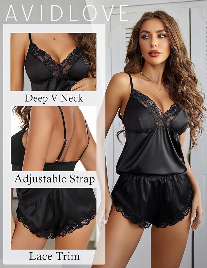 Avidlove Satin Pajamas Set Womens Lace Sleepwear Sexy Lingerie Cami Shorts Set S-XXL
